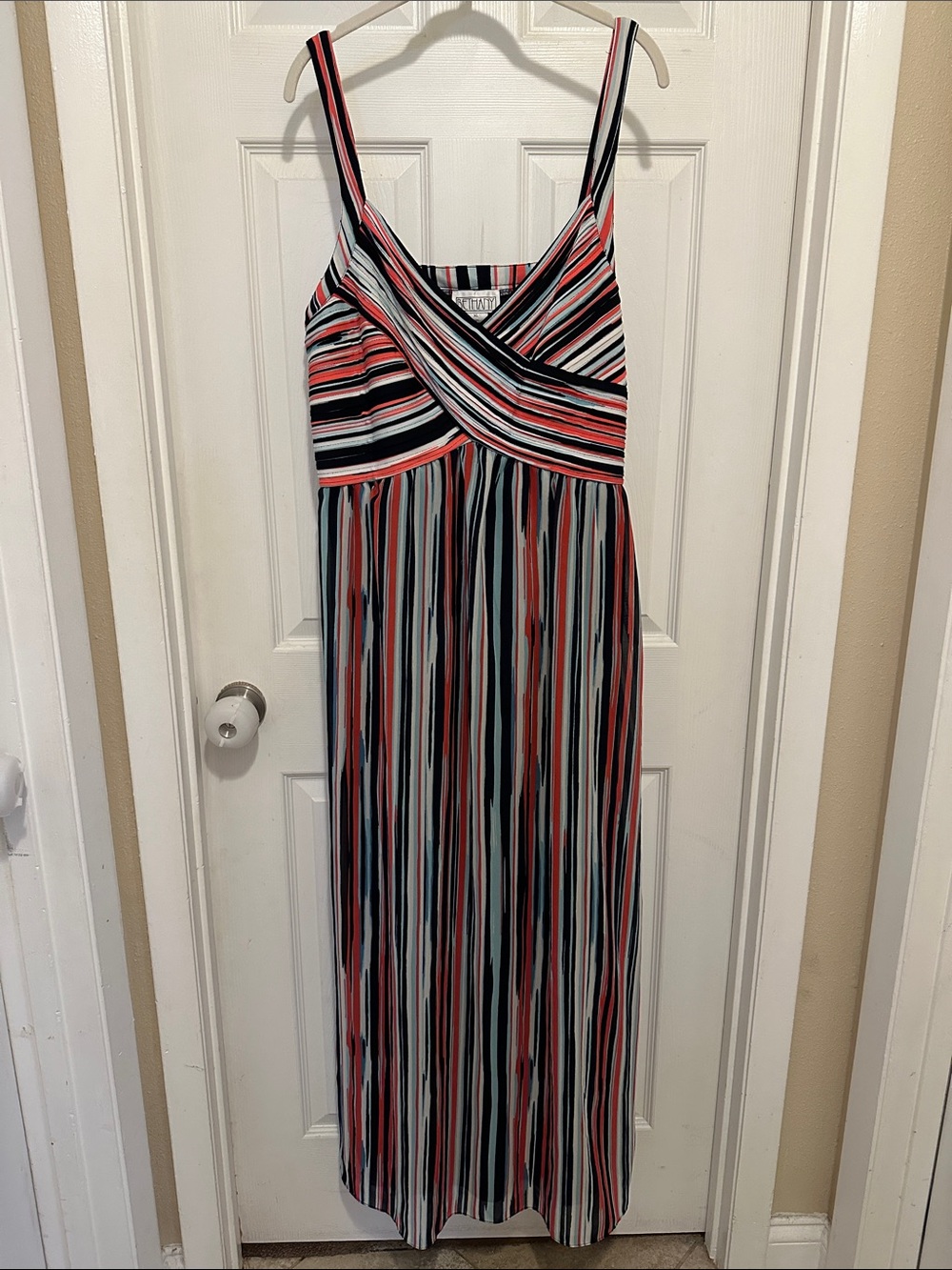 Striped Coral, Black & White Maxi Dress with Surplice Bodice